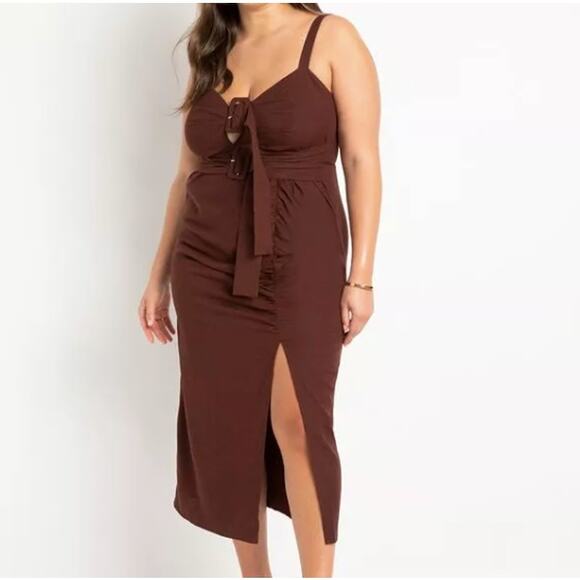 Eloquii NWT Buckle Front Linen Blend Dress Warm Chocolate Brown Slit Sz 22 - Picture 1 of 5
